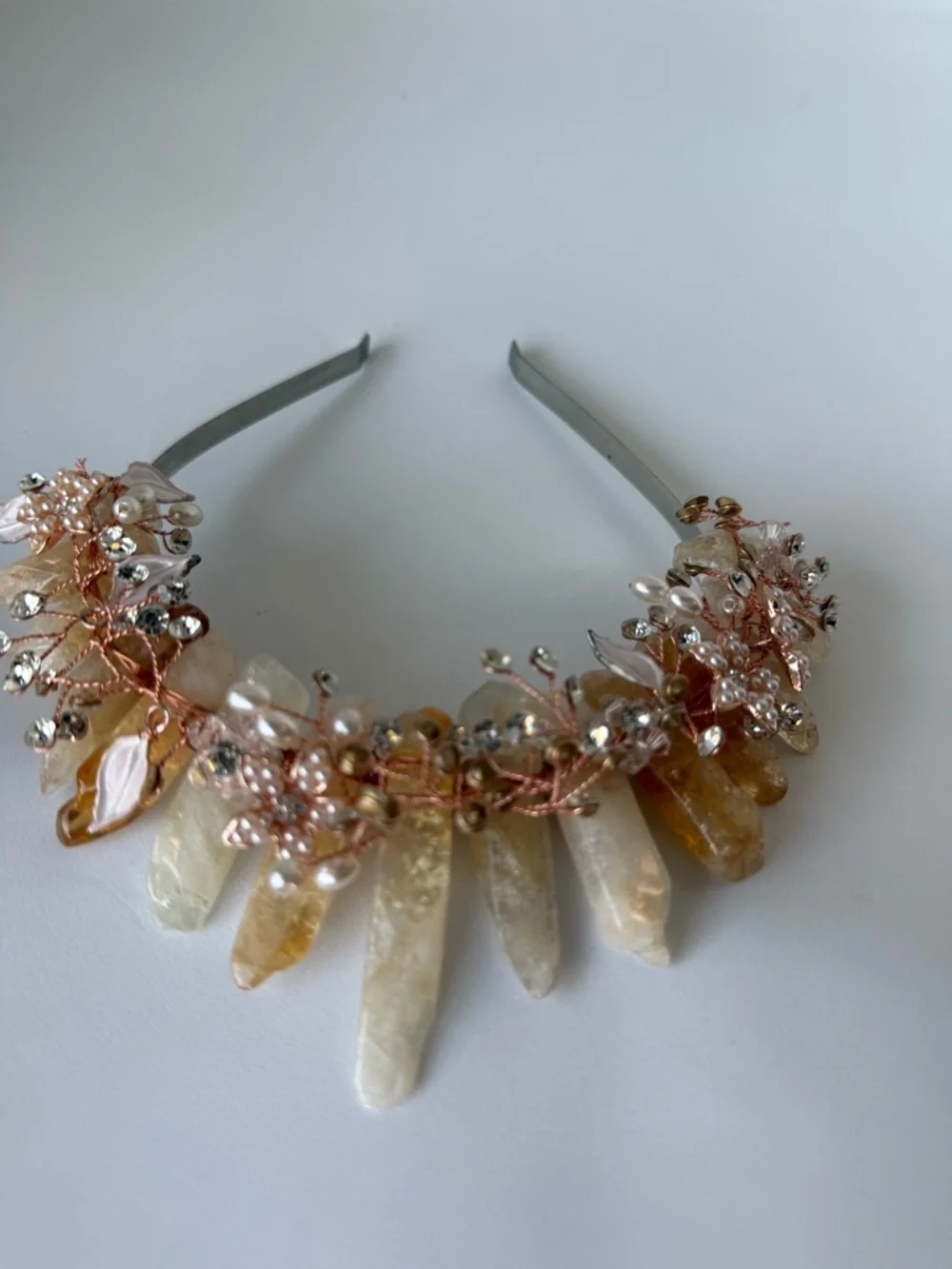 Crystal Crown Headband Rose Gold Wire Wrapped Quartz, Pearl & Rhinestone Tiara